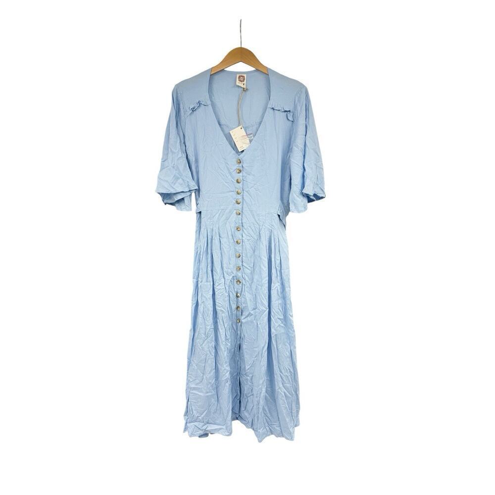 ELF Made by Hand in Bali Lola Button Up Cottagecore Midi Dress Soft‎ Blue Size L